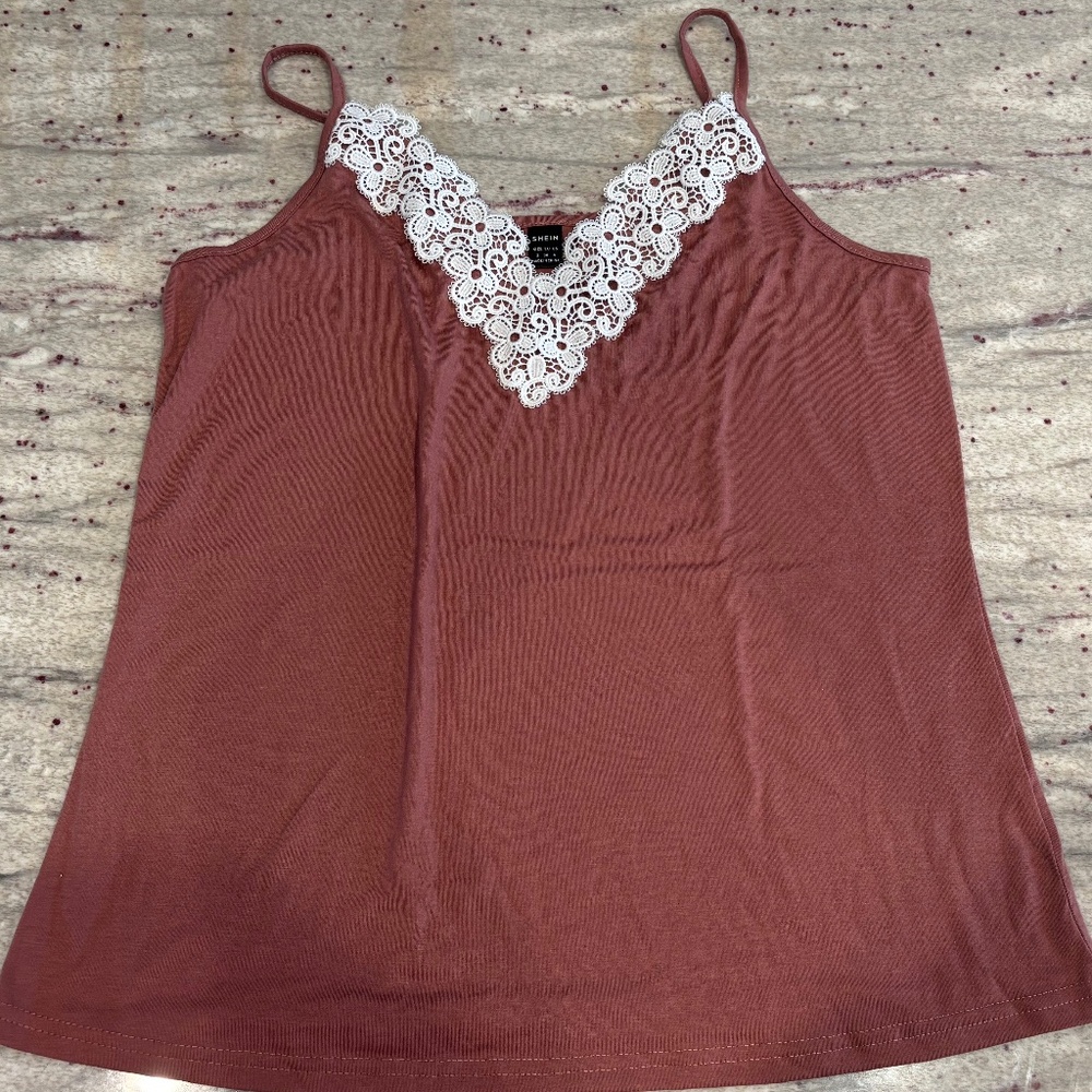 SHEIN Womens Pink V-Neck Tank Top with White Flower Lace - Size S